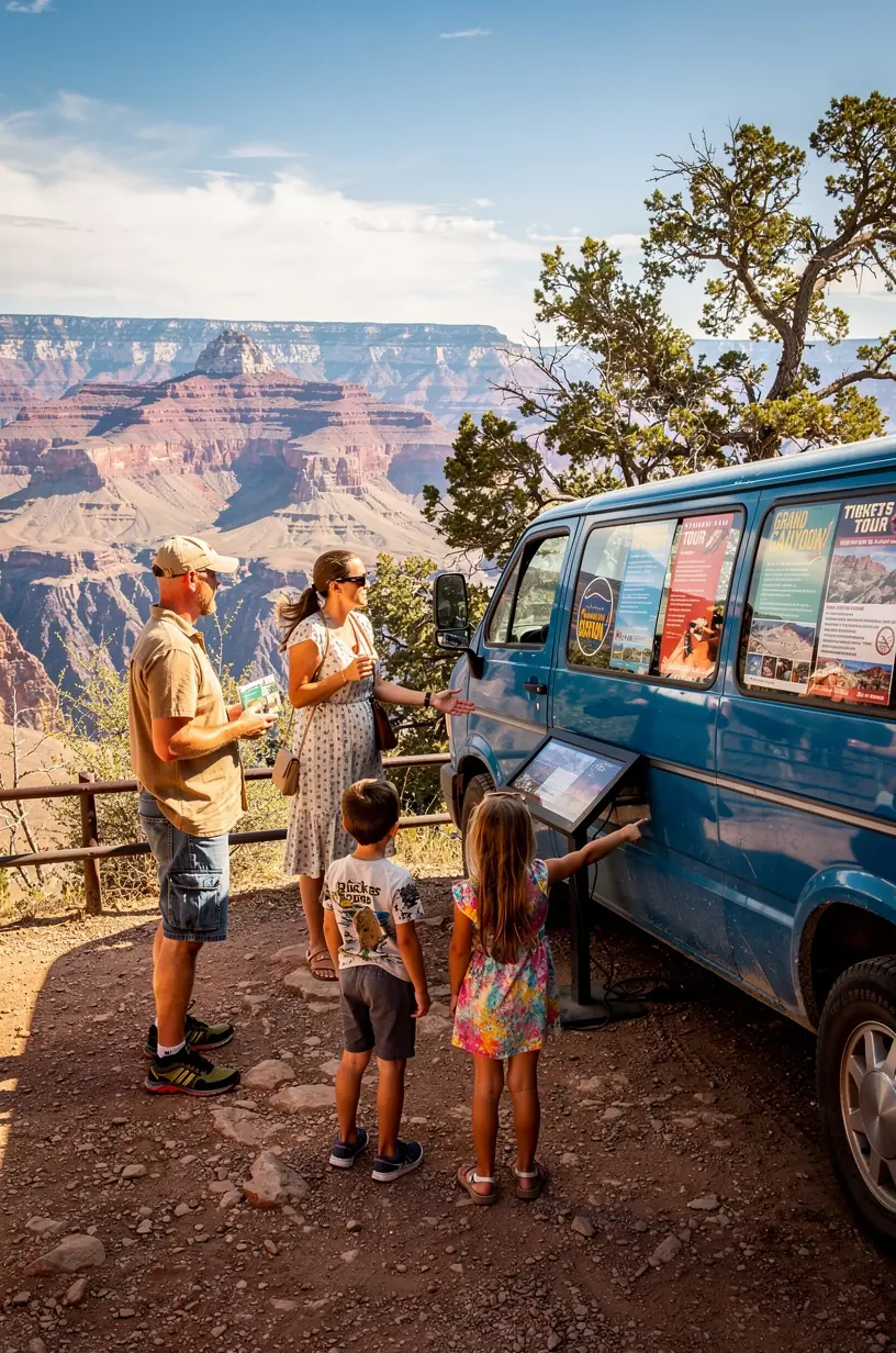 Переоборудованный фургон с вывеской «Туры и билеты» на парковке у национального парка.