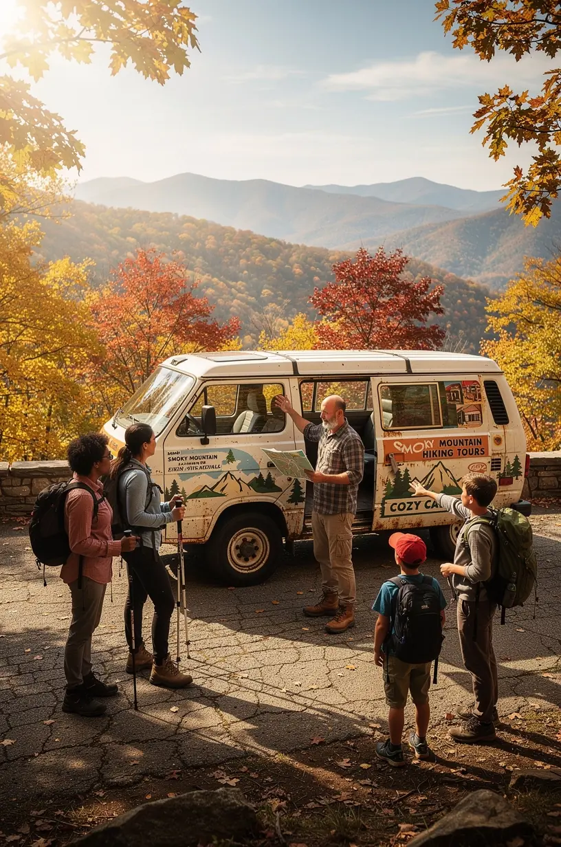 Мобильный туристический центр на базе переоборудованного фургона, припаркованный у популярной достопримечательности в США.