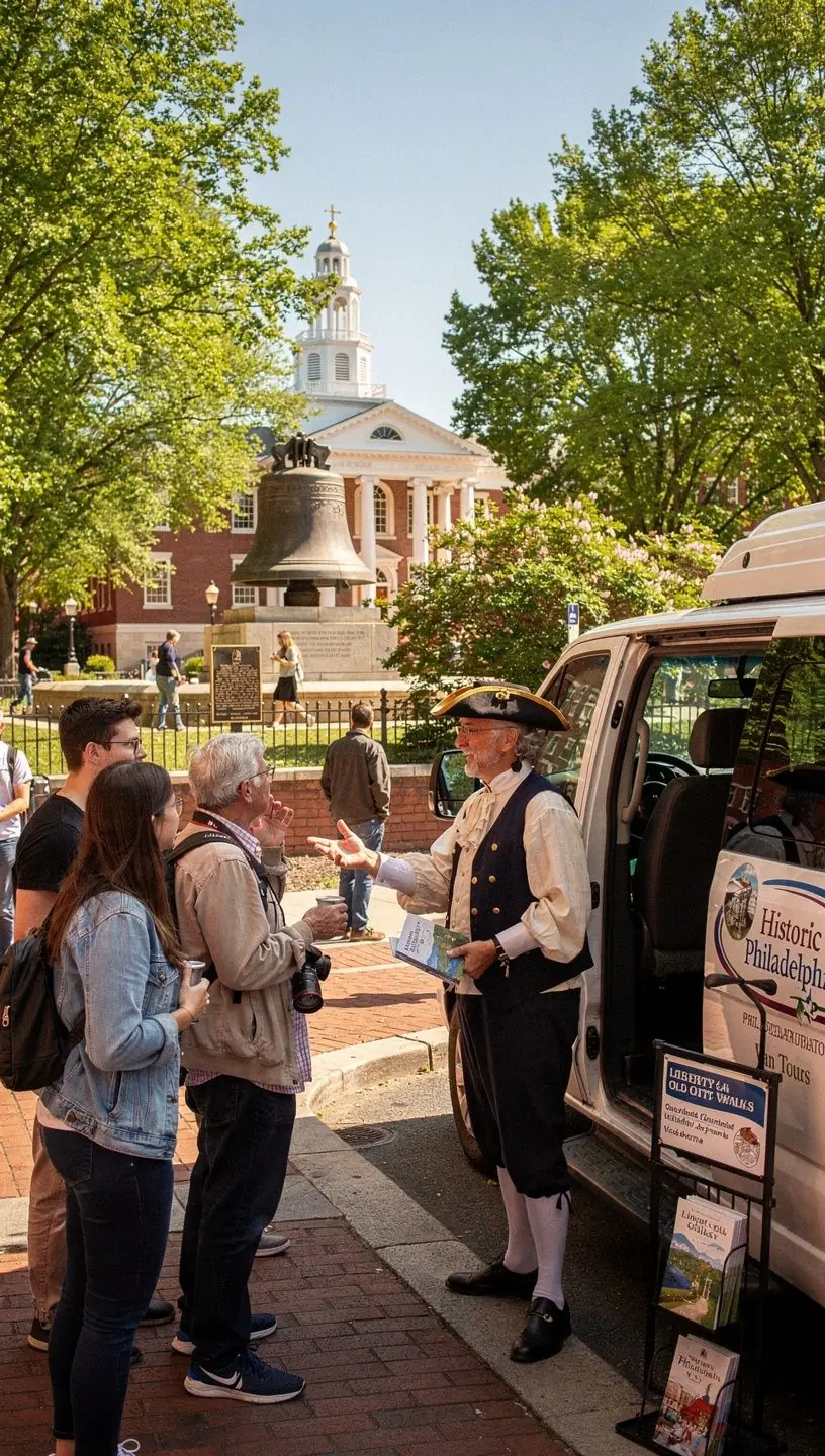Фургон мобильного туристического центра с яркой рекламой туров и местных предложений на фоне городской улицы.